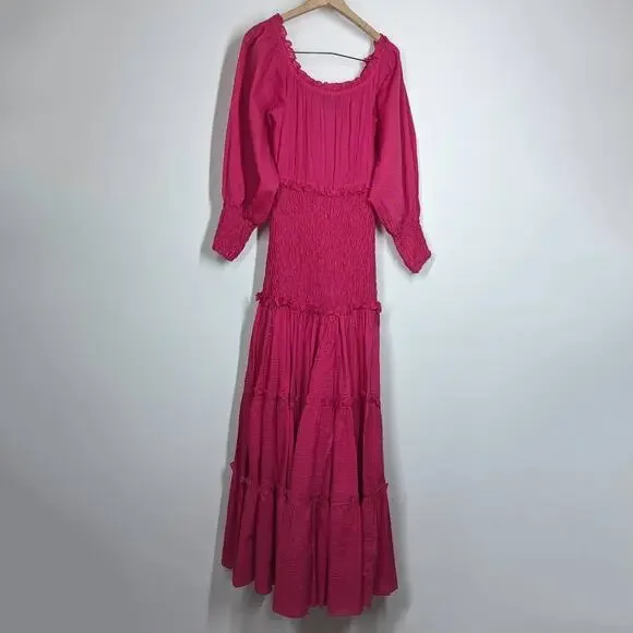 Alexis Thalssa Off The Shoulder Shirred Fuschia Dot Maxi Dress Small Preowned
